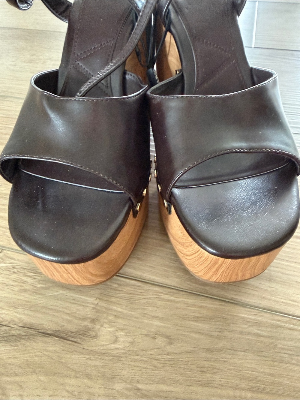 Zara Chocolate Brown Leather Platform Sandals with Wooden Block Heel 39 US 8 NWT - Picture 6 of 6